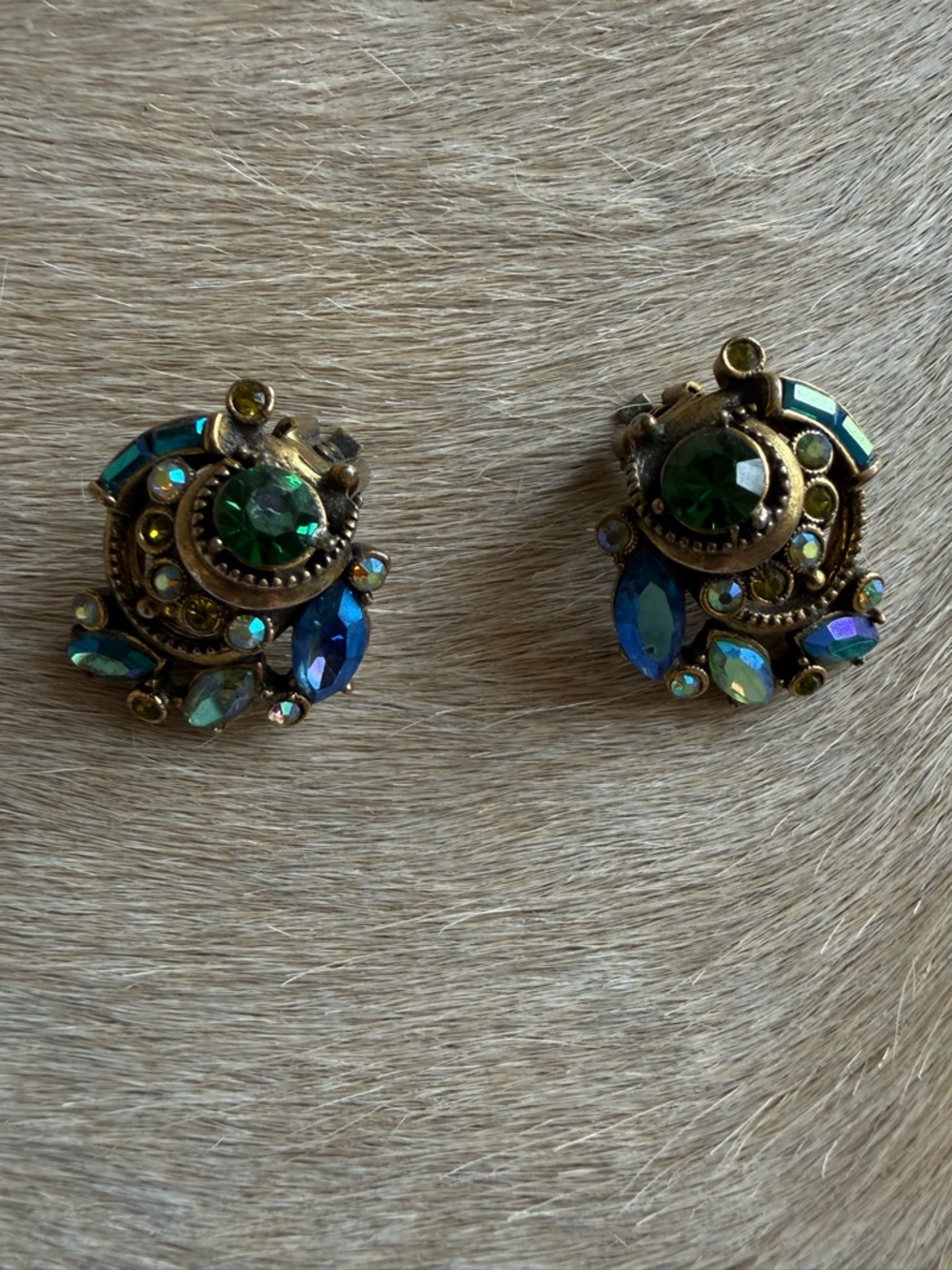 Green and Blue Crystal Clip-On Earrings - Brass-Tone Accent